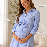 Robe de maternité rayée pour femme, manches 3/4, froncée, boutonnée, avec ceinture à nouer, décontractée, pour la grossesse et le quotidien