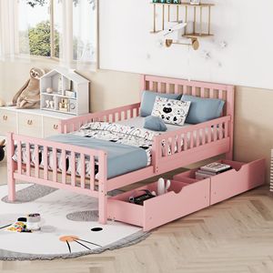 Letto a piattaforma in legno rosa per bambini, misura twin, con sponde su entrambi i lati e due cassetti contenitori - Product Image 1