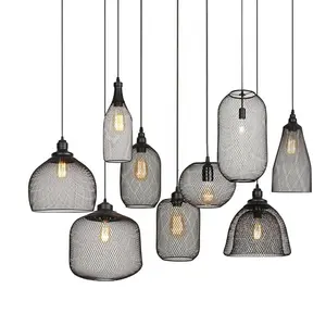 Nordic Industrial Country Loft Retro Bar Restaurant Matt Black Hanging E27 Single Head Wire Mesh Chandelier Pendant Light Lamp