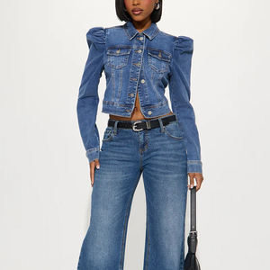 Women's <b>Cropped</b> <b>Denim</b> <b>Jacket</b> With Puff Sleeves Stonewashed Cotton Regular Fit Casual Spring Style Blue Jeans Coat - Product Image 3