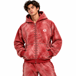 Sweat à capuche zippé en velours bouclette épais 450 g/m² pour homme, avec rivets rouges et broderies, en coton épais pour l'hiver - Product Image 6