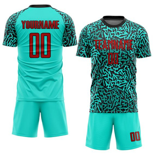 Ensemble de maillots de football personnalisés pour hommes, noir et blanc, impression sublimée, col rond, manches courtes, tissu respirant en polyester, coupe athlétique - Product Image 3