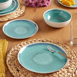 Assiette à dîner en céramique turquoise avec glaçure givrée, finition dégradée rayonnante, bord arrondi lisse, choix durable pour des tables élégantes - Product Image 3