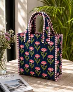 Veer Handicrafts Quilted Cotton <b>Tote</b> <b>Bag</b> <b>Navy</b> Blue Striped Pattern Zipper Closure Handles Fashion Style All Seasons Shopping Use - Product Image 4