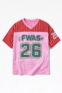 Camiseta de Fútbol Americano Rosa y Roja a Rayas, Estilo Urbano Oversize, Cuello en V, Corte Holgado, Transpirable, Poliéster, Estampado Gráfico - Product Image 5