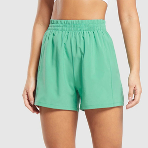 Shorts de Punto de Cintura Alta para Mujer, Color Verde Sólido, Transpirables, de Poliéster, Estilo Deportivo, Cierre Elástico en la Cintura - Product Image 1