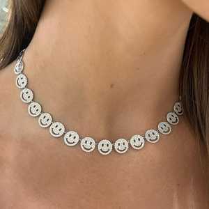 10k 14k 18k Gold Smiley Face Necklace Statement Collar F VS Round Cut Lab Grown Diamond Pave Curved <b>Choker</b> Jewelry For Women - Product Image 6