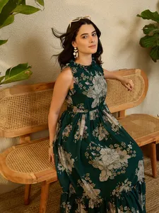 Vestido Maxi con Estampado Floral Verde de Alta Calidad, con Volantes, para Fiestas, Citas y Cenas, Disponible a Precio de Venta para Exportación - Product Image 4