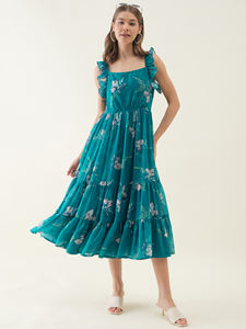 Vestido de Georgette sin Mangas con Estampado Floral Azul, Estilo Flare, para Fiestas, Salidas Nocturnas, Uso Diario, Suministros de Fábrica - Product Image 4