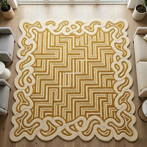 Tapis géométrique moderne crème et or, tufté, rectangulaire, antidérapant, en laine, pour salon, tapis moelleux et doux, décoration intérieure - Product Image 1