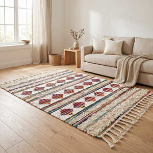 Alfombra Bohemia Tejida a Mano de Algodón con Diseño de Rayas Tribales Azules para Sala de Estar, Dormitorio e Interiores Costeros - Product Image 2