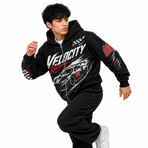 Sudadera con capucha deportiva para hombre, con gráficos de carreras, de algodón negro, forro polar, con cremallera, oversize, con logo personalizado, para otoño/invierno, OEM, al por mayor - Product Image 4