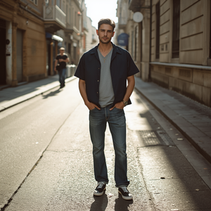 ชุดเสื้อยืดและกางเกงยีนส์สไตล์วินเทจสำหรับผู้ชาย ผ้าฝ้ายซักแล้ว ชุดลำลองสองชิ้น พร้อมบริการปรับแต่งแบบ OEM ODM - Product Image 5