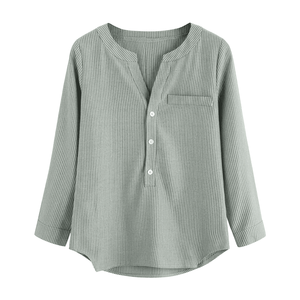 Blusa de Lino Tejido para Mujer, Cuello en V, Manga Larga, con Botones, Lisa, Corta, Sencilla, Holgada, Informal, para Primavera y Verano - Product Image 5