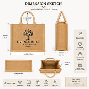 Sac fourre-tout en jute naturel imprimé sur mesure avec poche intérieure zippée, écologique, réutilisable, sac cadeau, 35x30x15cm - Product Image 2
