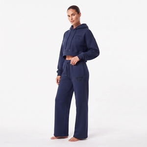 Women's Two Piece Set Crop Top Drop Shoulder Drawstring Hoodie And <b>Wide</b> <b>Leg</b> <b>Jogger</b> Set Cotton Fleece Solid Color Casual Wear - Product Image 2