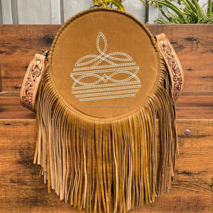 Popular Luxury Women's Boot Stitch Hand-Tooled Suede Leather Round Shoulder Bags Cowhide Circle Fringe Crossbody Trendy Handbags - Product Image 3
