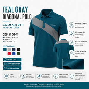 Polo de Manga Corta Color Verde Azulado para Hombre con Raya Diagonal Gris, Logotipo Personalizado en el Frente, Tejido Transpirable de Algodón, Estilo Casual - Product Image 3