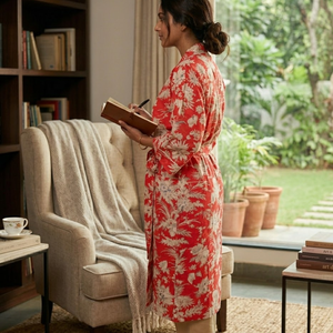 ชุดกิโมโนผ้าฝ้ายลายดอกสีแดง คอวี แขนยาว มีกระเป๋าผูกเชือก ชุดนอนสำหรับผู้หญิง ชุดลำลองพรีเมียม Maria Garments - Product Image 5