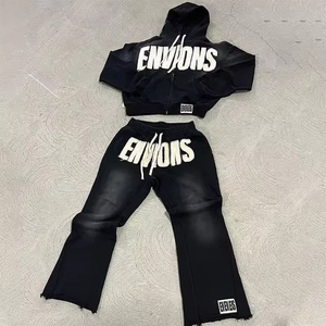 Custom Logo High Quality <b>Tracksuit</b> Manufacturer Unisex Vintage Cotton Sun Faded Distressed Acid Wash Zip up <b>Tracksuits</b> - Product Image 2