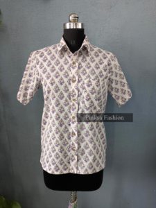 Chemise à manches courtes pour homme en coton 100% Sanganeri, imprimé à la main, motif floral violet, vêtements décontractés, vente en gros - Product Image 2