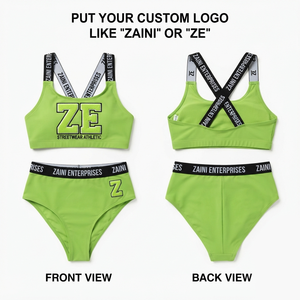 Premium Nylon Spandex Women Swim Suit 220 GSM Lime <b>Green</b> Stretch Two Piece <b>Set</b> With Custom Embroidered Logo And Jacquard Elastic - Product Image 1