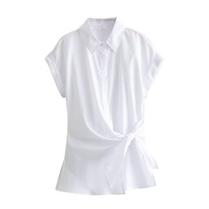 Blusa Asimétrica Vintage Chic para Mujer, Camisa de Popelina con Cuello en V, Manga Corta, Botones, Diseño Sólido, 100% Seda - Product Image 1