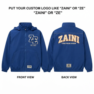 เสื้อแจ็คเก็ตกันลมผู้ชาย ผ้าโพลีเอสเตอร์ทัลซาน 120 GSM สีน้ำเงินรอยัล มีฮู้ด ซิปหน้า ปักโลโก้ตามสั่ง สไตล์สตรีทแวร์ - Product Image 1