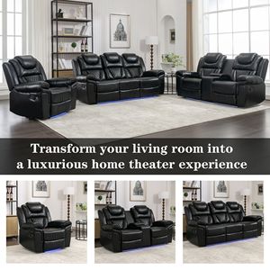 Reclinabile per Home Theater nero con portabicchieri a striscia luminosa a LED e ripostiglio per soggiorno - Product Image 6