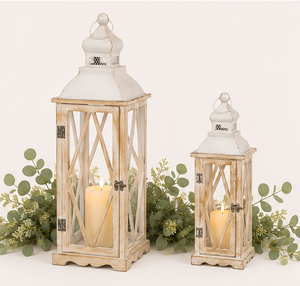 Handmade Farmhouse Wood and Metal <b>Lantern</b> <b>Set</b> of 2 Rustic Whitewash Distressed Finish Decorative Candle Holders for Indoor - Product Image 3