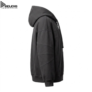 Sweat à capuche unisexe à coupe décontractée avec empiècements, fermeture éclair intégrale, manches longues, en molleton épais noir anthracite avec tirette de fermeture éclair bidirectionnelle - Product Image 3