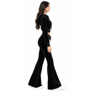 Women's Black <b>Velvet</b> Hooded Tracksuit Set Full Sleeve Zipper Front Rhinestone Cross Design Casual Sweatshirt And Pants Outfit - Product Image 4