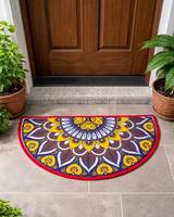 Tapis de sol semi-circulaire Mandala en jute classique, fabriqué à la machine, écologique, lavable, adapté aux animaux domestiques, décoratif pour entrée