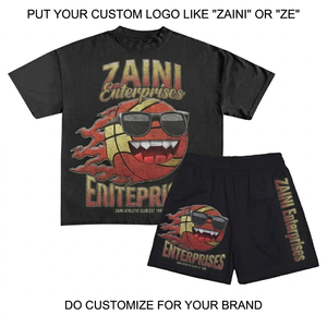 280 GSM Premium Polyester Oversized T-Shirt <b>Shorts</b> <b>Set</b> Black Casual Solid with Embossed Hand Embroidery Front Logo Design - Product Image 1