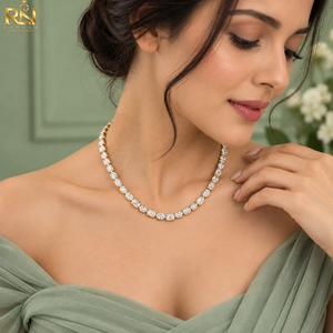 Collar Riviera con Diamantes Cultivados en Laboratorio con Engaste de Bisel |   Collar con Corte Ovalado de Esmeralda Mixta en Oro Sólido de 9K, 14K y 18K, Joyería Fina para Regalo - Product Image 2
