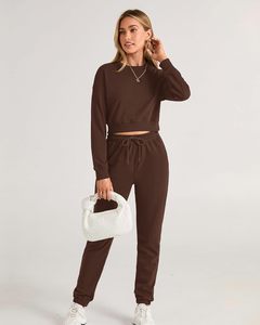 Conjunto Deportivo Informal Marrón para Mujer, Manga Larga, Cuello Redondo, Color Sólido, Pantalones con Cordón, Corte Holgado, Ropa de Otoño - Product Image 2