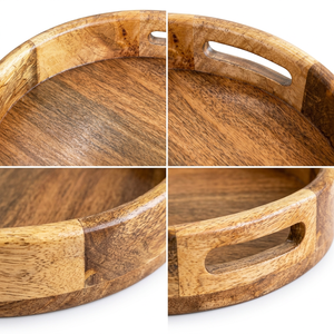 Plateau de service artisanal en gros, plateau rond en bois personnalisé OEM ODM avec poignées découpées DECORYUG - Product Image 3