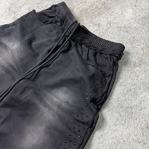 Pantalon de jogging pour homme en molleton 100% coton, broderie personnalisée de strass, style ample, haute densité, délavé à l'acide, effet usé - Product Image 2