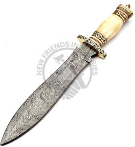 Couteau de chasse Dogger en acier de Damas avec manche en os de chameau et garde en laiton, 13 pouces, fait main, qualité supérieure, lame fixe à tranchant aiguisé - Product Image 1