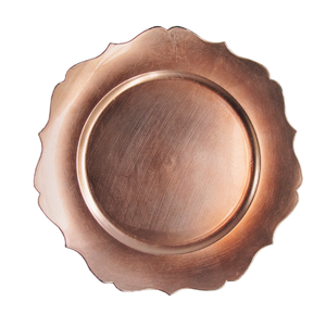 Exquisite floral embossed antique copper charger plate with a <b>brushed</b> finish and ornate rim. Available at wholesale price now. - Product Image 6