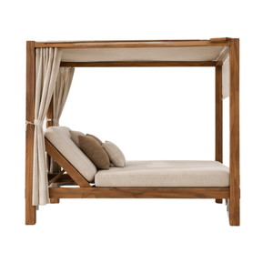 Solid Teak Wood Canopy Bed with Upholstered Cushion Curtains Four Poster Platform Bed for Hotel Resort Villa Bedroom Furniture - Product Image 3