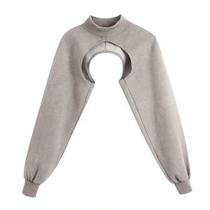 Women's High Street Cropped Sweatshirts Fashion O-neck Solid Pullover Ladies Chic Log Sleeve Blouses Cotton Crop Tops Shirts - Product Image 5