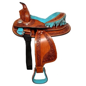 Selle de cheval Western en cuir véritable à franges turquoise, durable et portable, équipement d'équitation, couleur personnalisable - Product Image 1