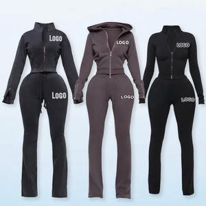 Ensemble personnalisé en tricot gaufré pour femme, ensemble de survêtement à manches longues, veste à capuche zippée et pantalon évasé à jambes larges, ensemble deux pièces - Product Image 3