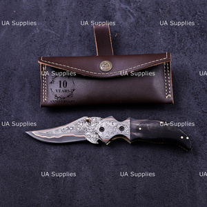 UA Supplies Industrial Grade Copper Damascus Steel Straight Clip Point Razor Sharp 0.5mm Liner <b>Lock</b> Foldable Hunting Survival - Product Image 3