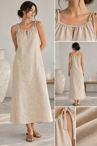 Fournisseur OEM Professionnel – Nouvelle Collection – Robe Midi Décontractée d'Été Beige à Bretelles Fines, Respirante, Écologique, Style Vintage, Ample, en Lin/Coton - Product Image 5
