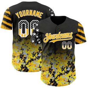 Maillot de baseball personnalisé noir avec drapeau américain, camouflage blanc-rouge dégradé, étoiles et rayures numériques, bicolore, authentique, 100% polyester, col en V - Product Image 4