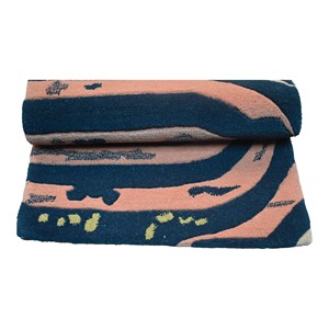 Tapis personnalisé en laine et viscose tufté à la main, motif abstrait moderne d'arc concentrique arc-en-ciel, bleu marine, rose corail, design à boucles dorées - Product Image 6