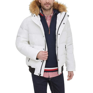 Men's <b>White</b> Puffer <b>Jacket</b> With Fur Hood Windproof Casual Winter Coat Regular Fit Zipper Closure - Product Image 1