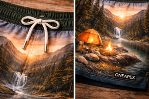 Shorts de bain pour hommes, motif paysage de camping, imprimé cascade, forêt, feu de camp, séchage rapide - Product Image 2